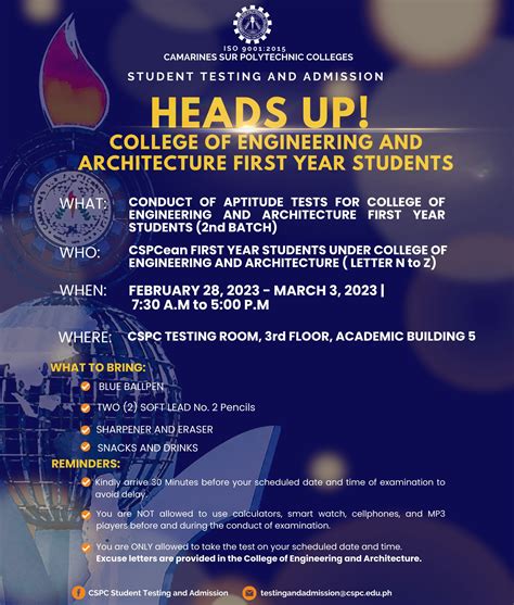 cspc student testing and admission|CSPC: Civil Engineering bachelor's courses offered.